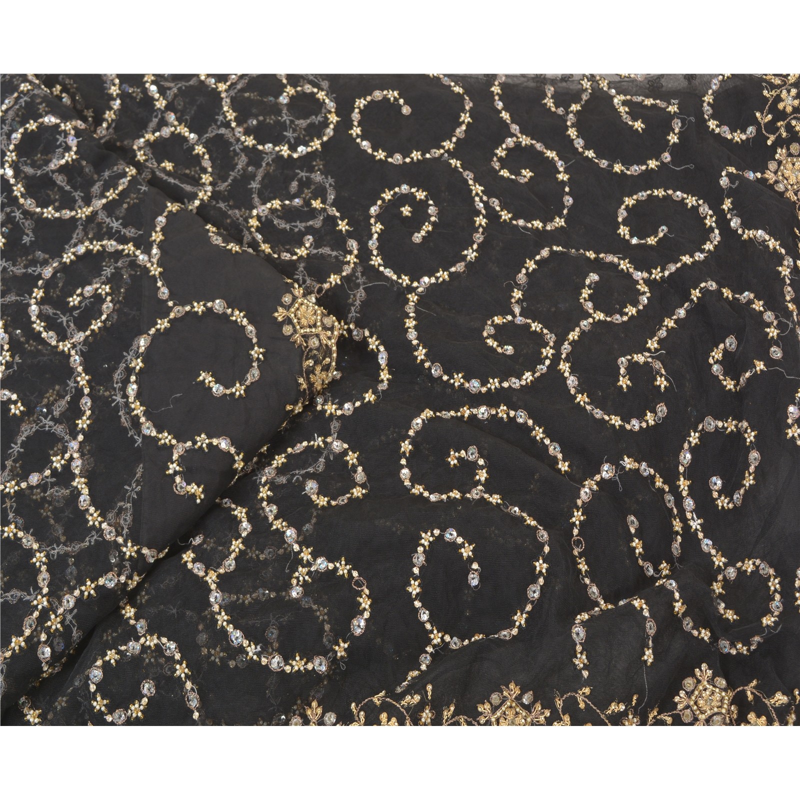 Sanskriti Vintage Black Sarees Net Mesh Hand Beaded Zardozi Party Sari Fabric