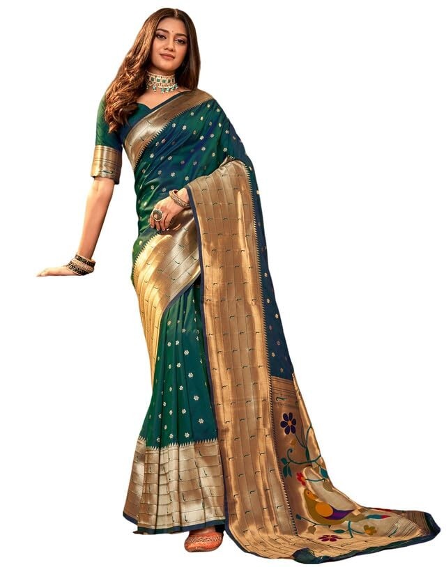 Women’s Paithani Jacquard Silk Blend Saree with Unstitched Blouse Piece