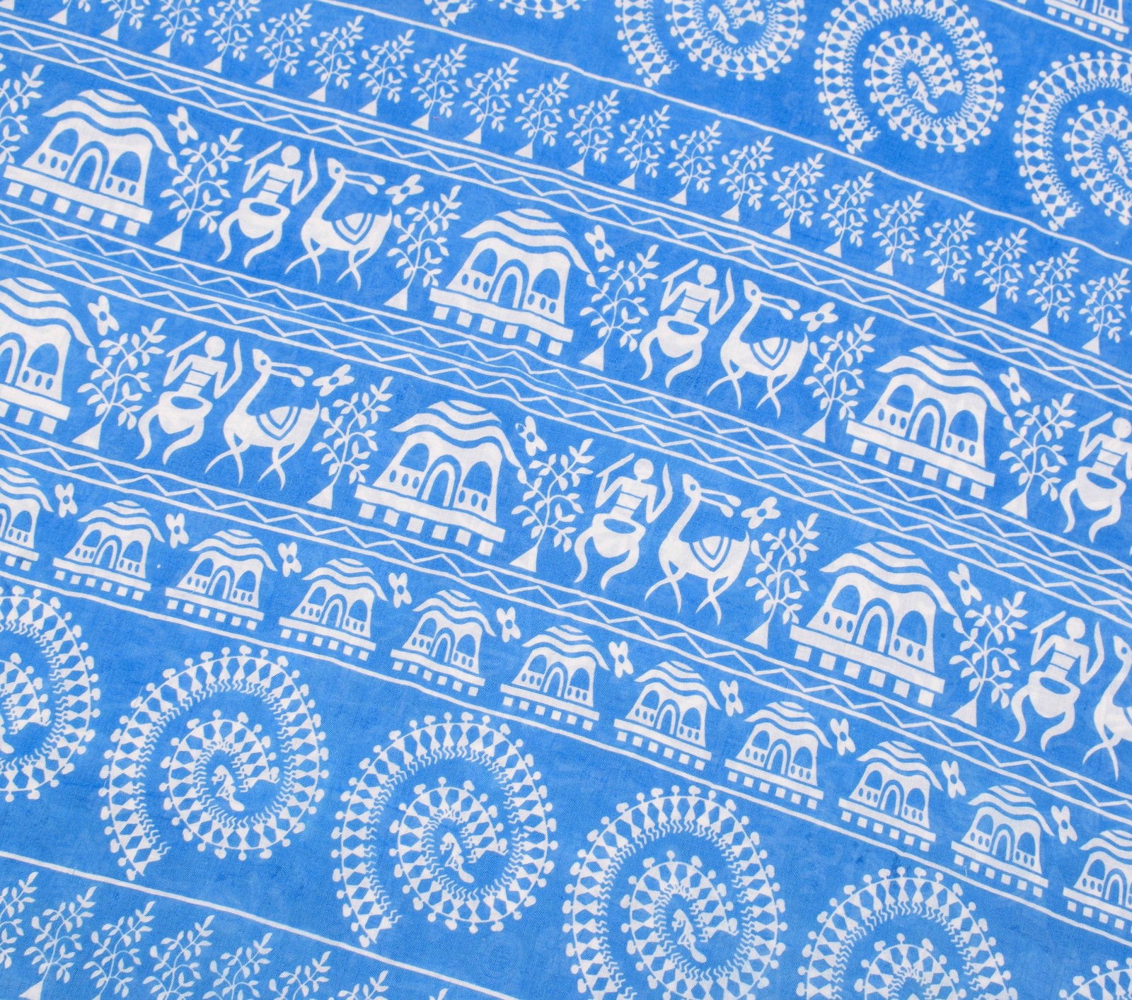 Sushila Vintage Sky Blue Saree Pure Cotton Warli Printed Sari Soft Craft Fabric