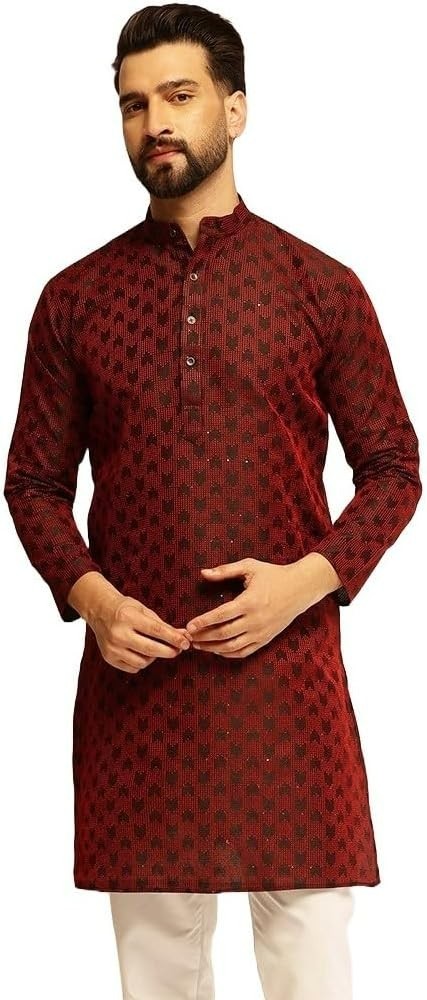 Sojanya Since 1958 Men’s Long Kurta X-LARGE Silk Red and Black Woven Design