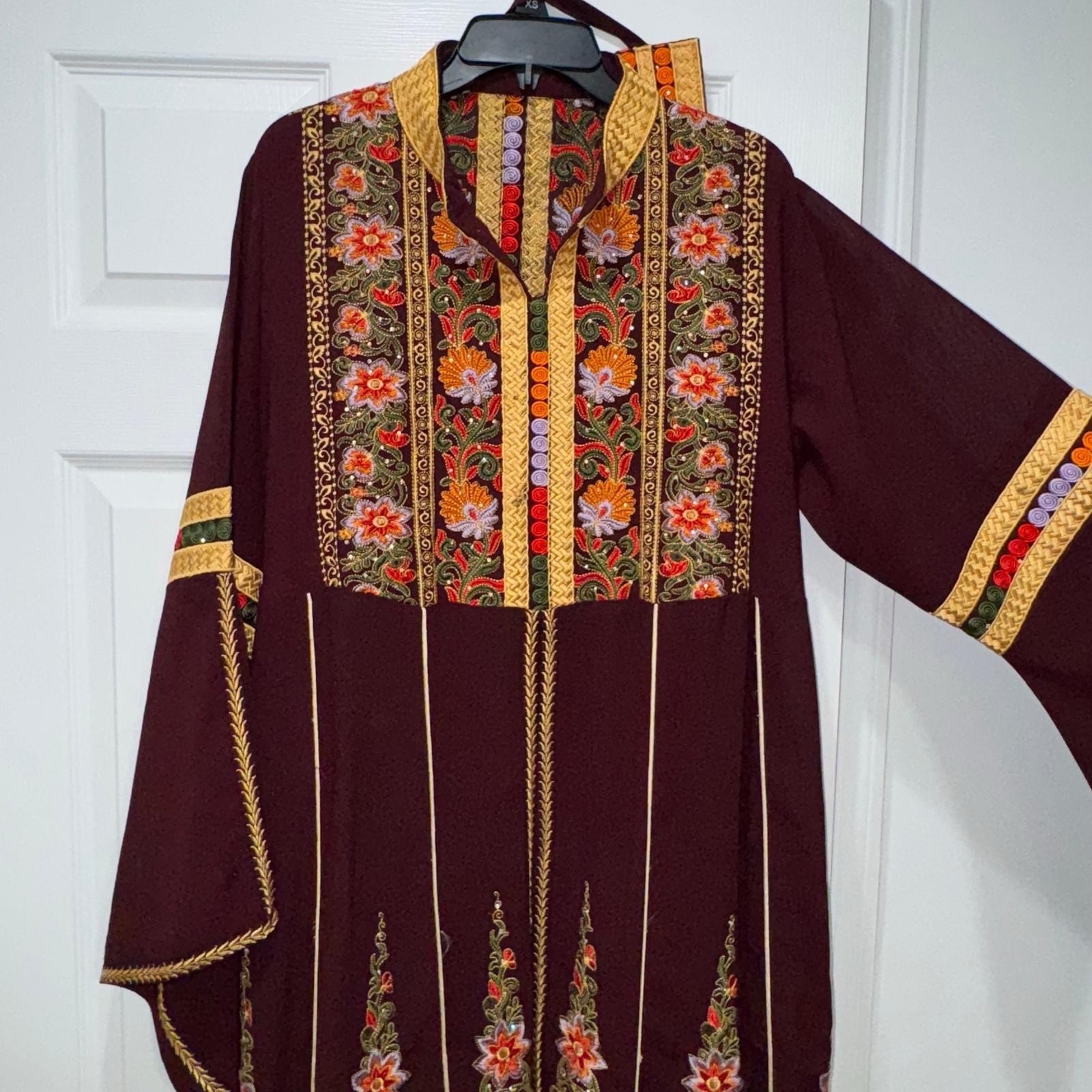Middle Eastern Thobe Dress Maroon Embroidered Floral Multi-Color Women