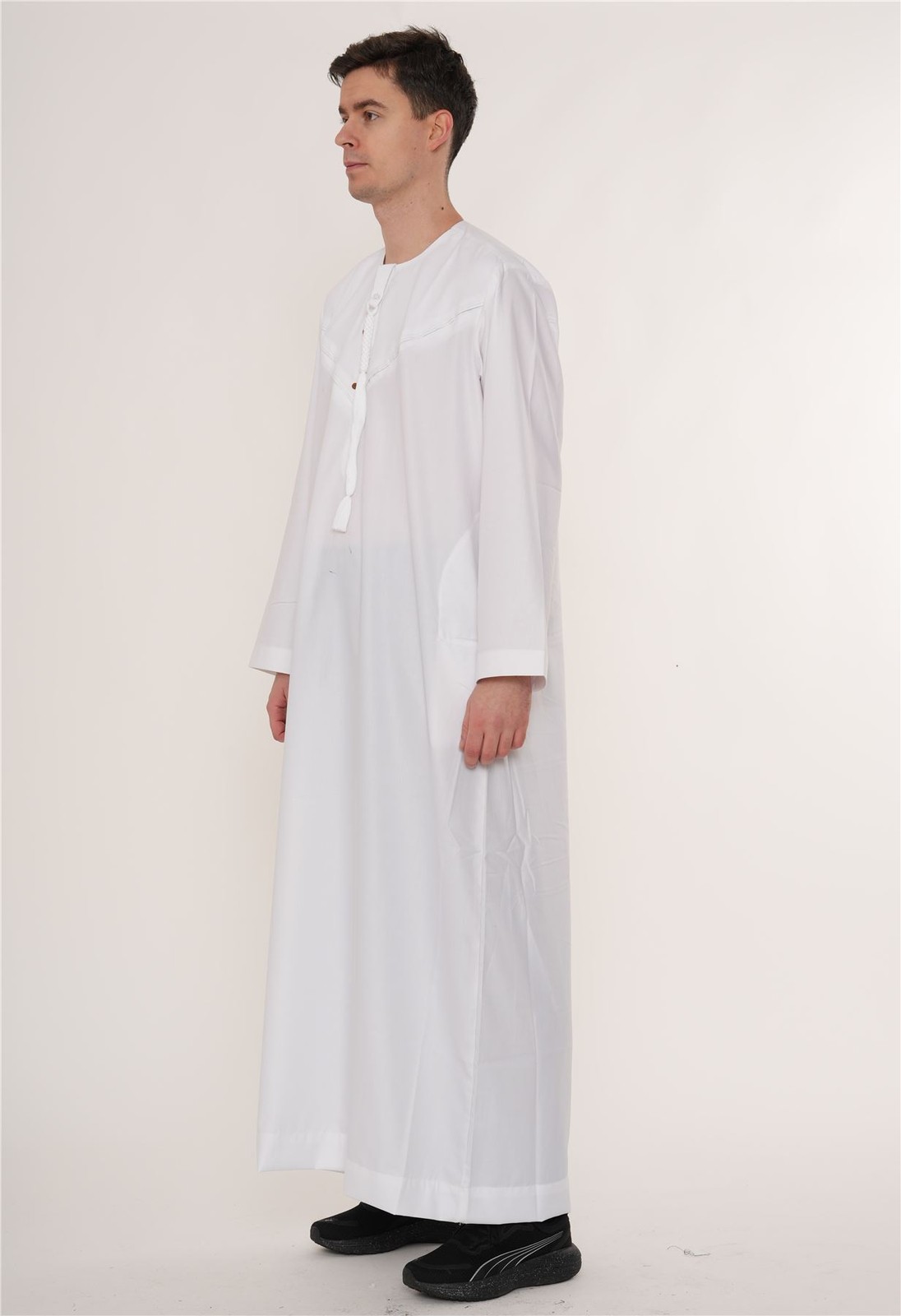 Men White Tassel Thobe Emirati Omani Jubba Islamic Zip Muslim Eid String