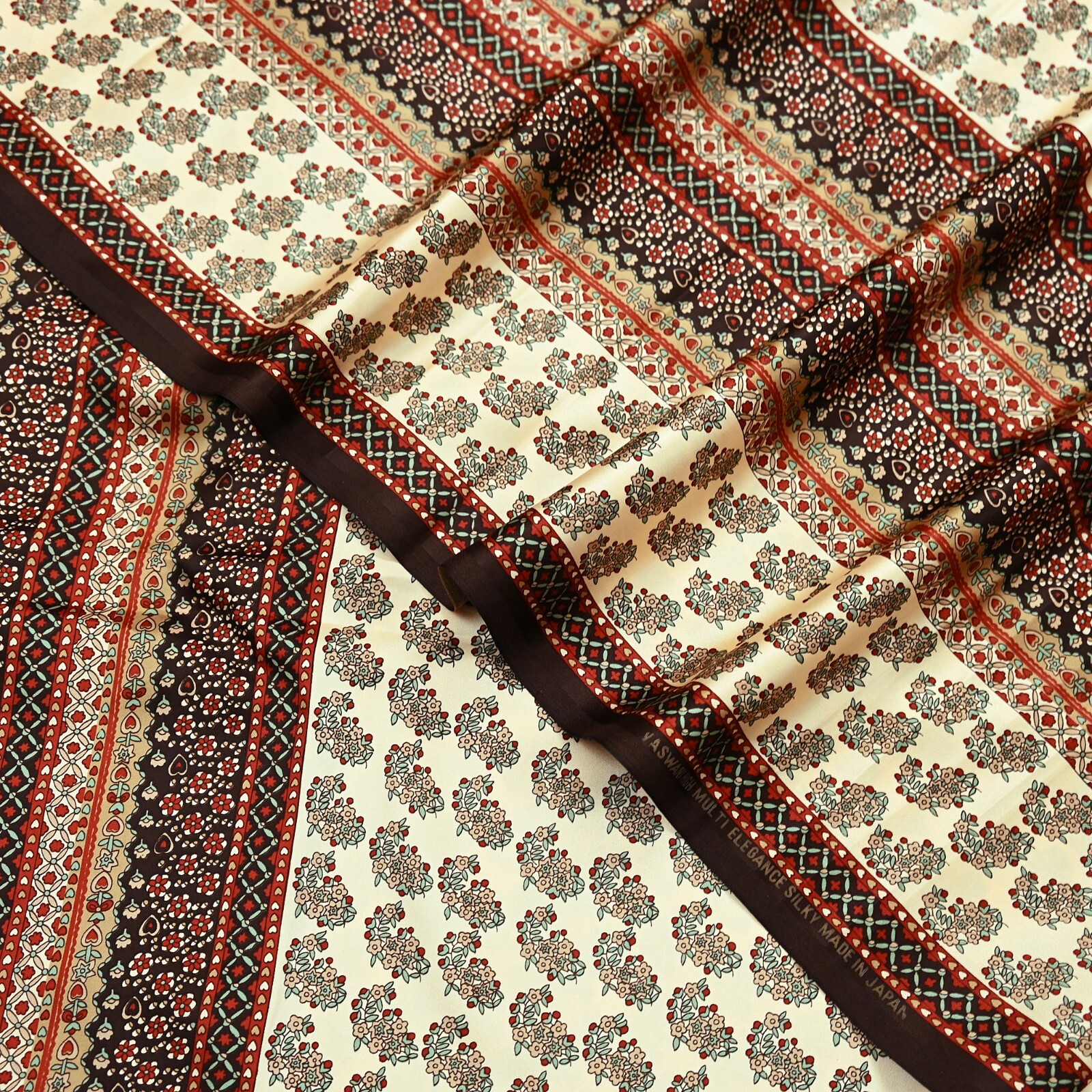 Indian Vintage Saree Beige Satin Printed Sari 5yd Sewing Floral Soft Craft Fabri