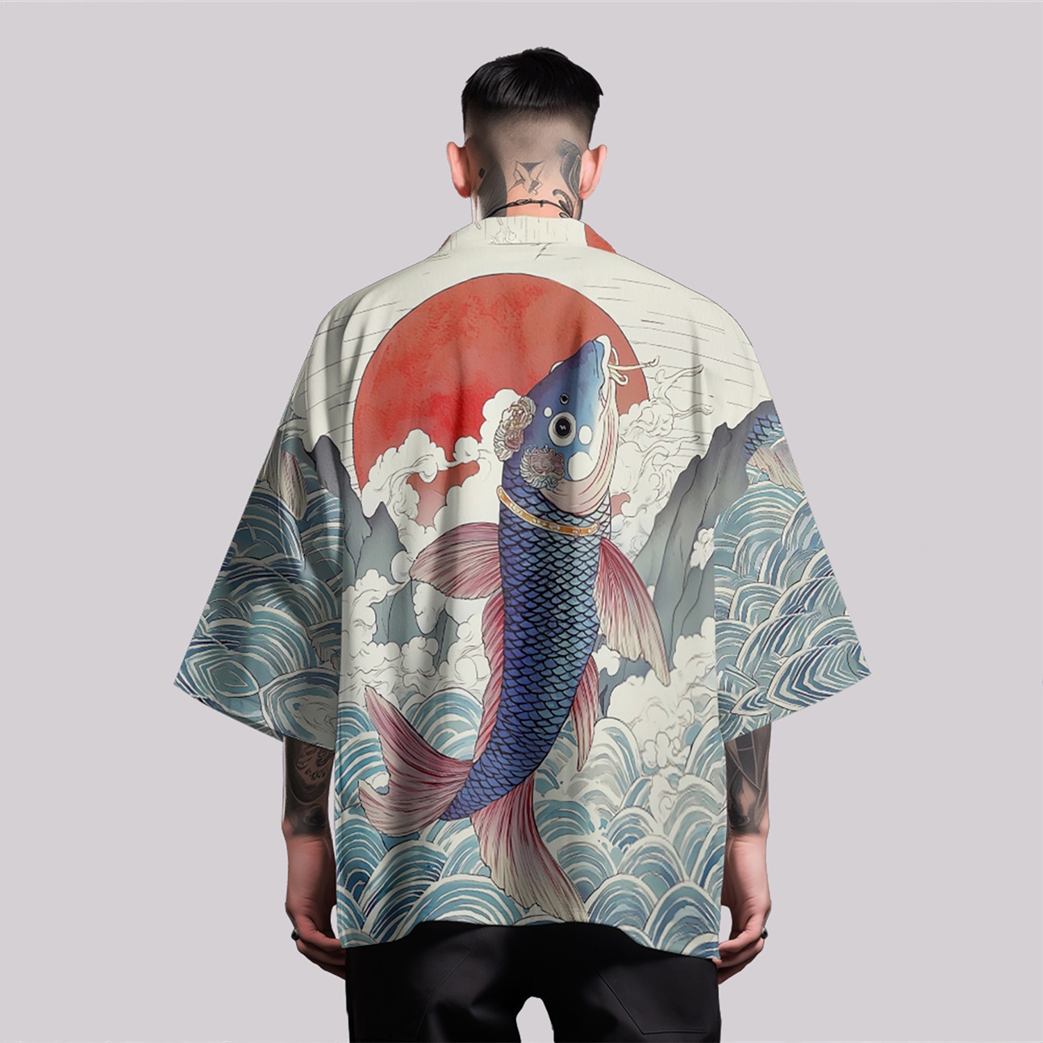 Niepce Men’s Japanese Graphic Lightweight Aqua Nature Kimono Cardigan Shirt Top