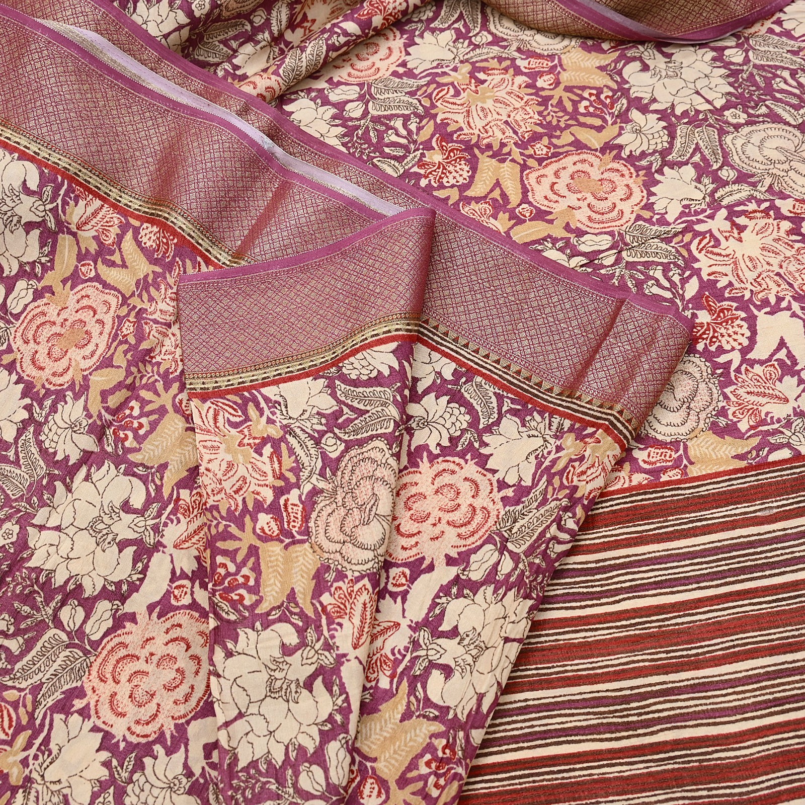 Vintage Purple beige Pure Khadi Silk Saree 5Yd Handloom Indian Sari Soft Fabric