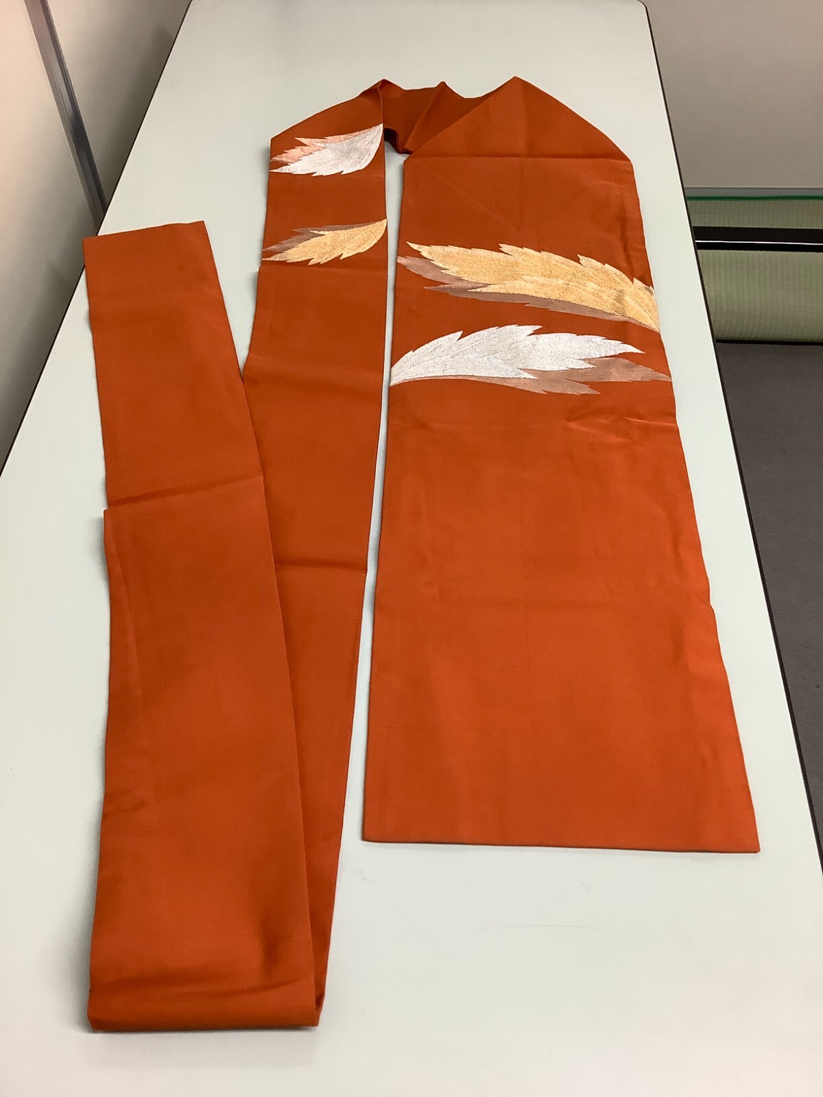 Japanese Vintage Kimono pure silk Nagoya Obi orange leaf embroidery 140×11.8inch