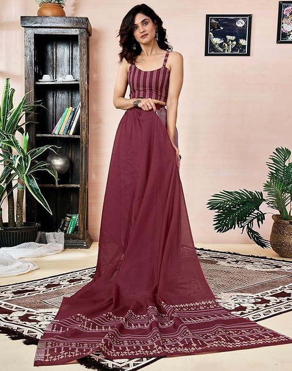 Women’s Chanderi Cotton Printed Ready To Wear with Pocket Saree with Blouse