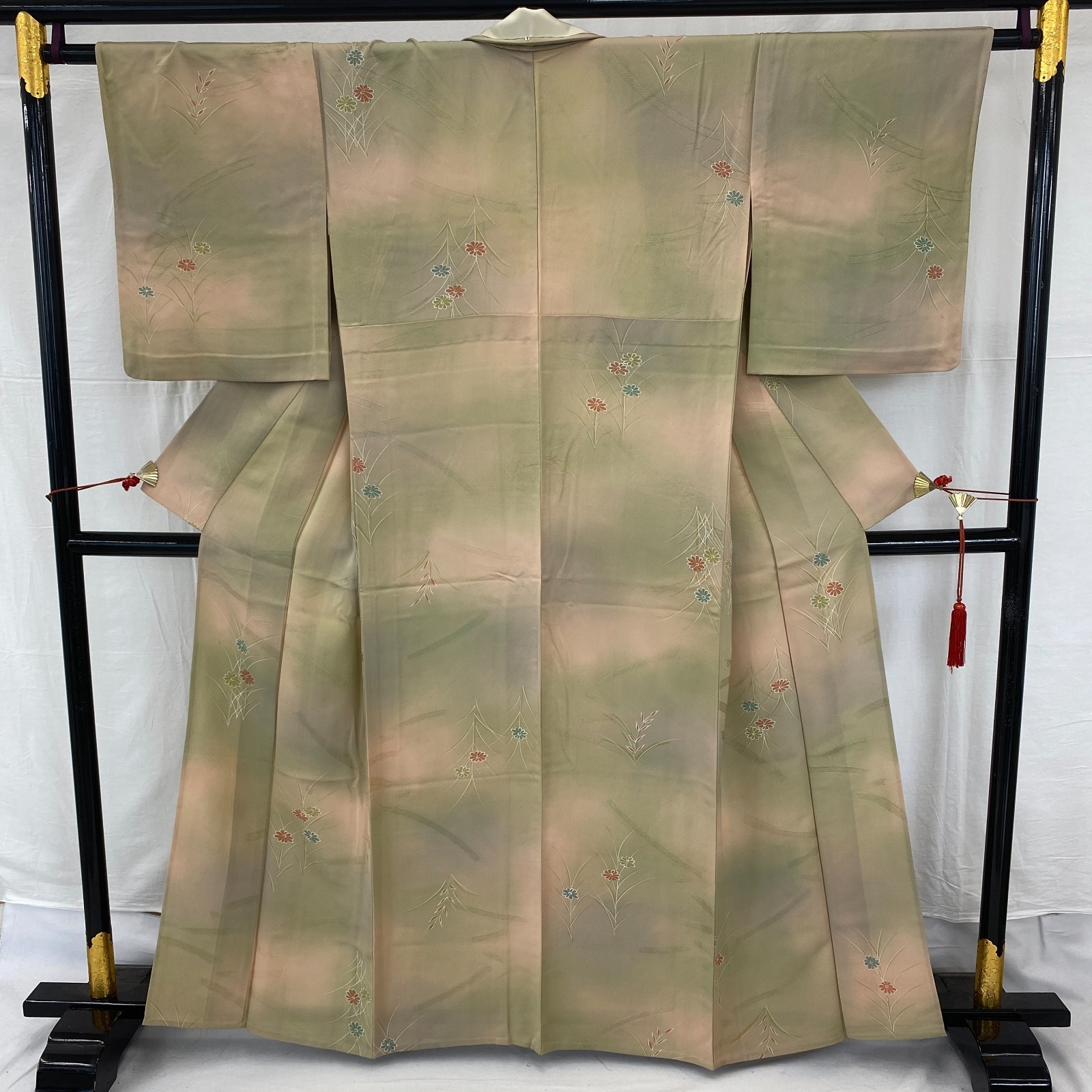 Japanese Vintage Kimono Polyester Brown No Lining Traditional Length 61 in