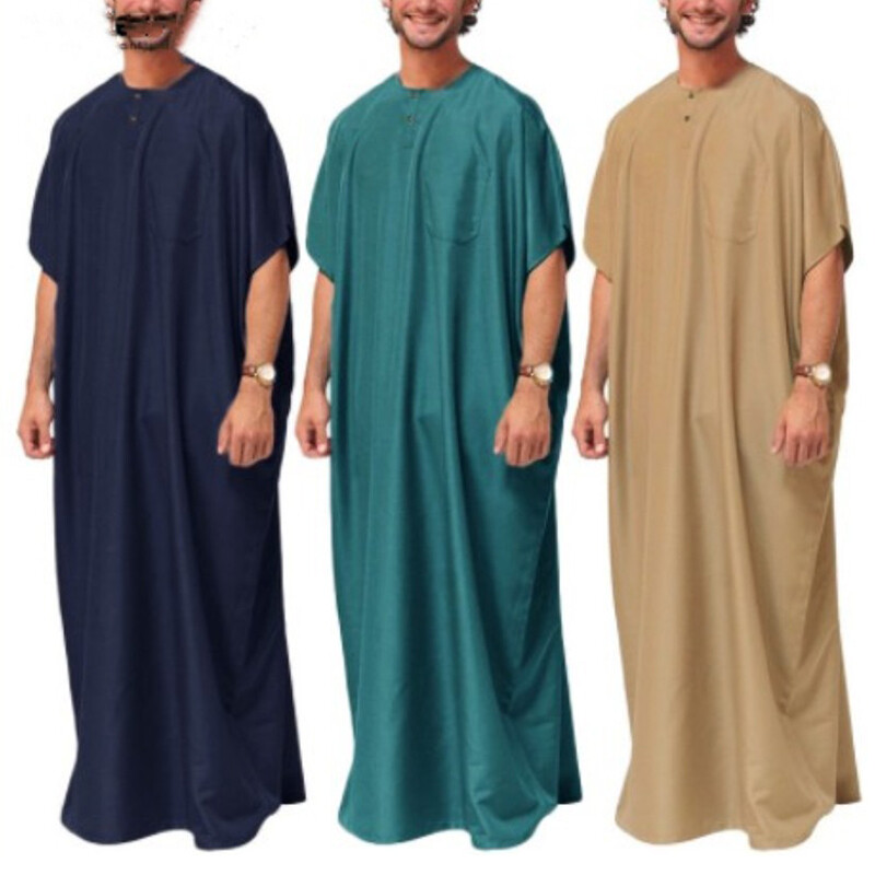 Men Muslim Kaftan Half Sleeve Thobe Saudi Arab Robe Vintage Abaya Dress Costume