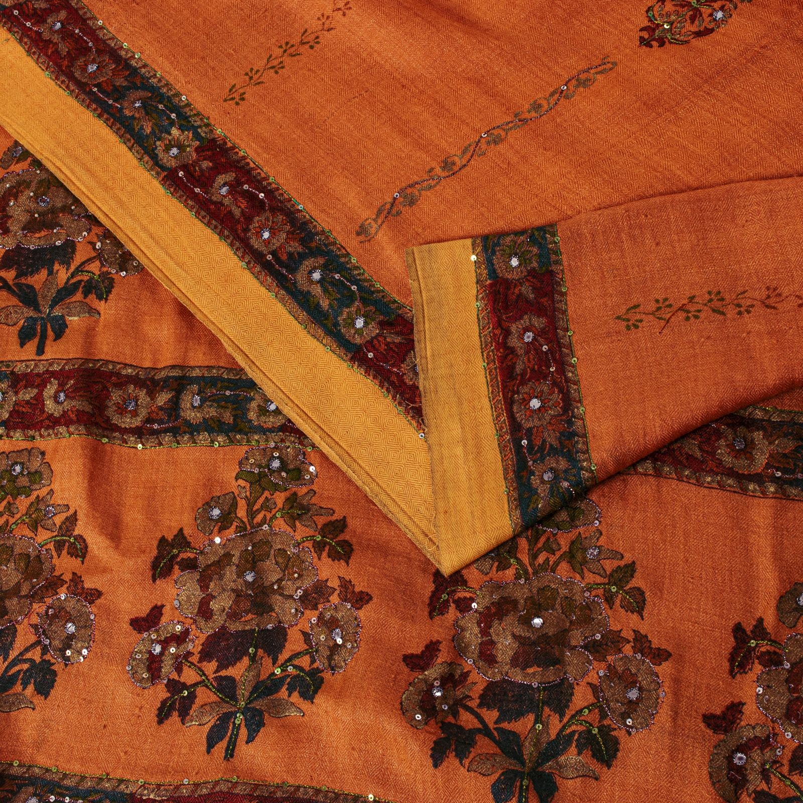 Sanskriti Vintage Brown Pure Woolen Saree Khari Hand Block Print-Embroidery Sari