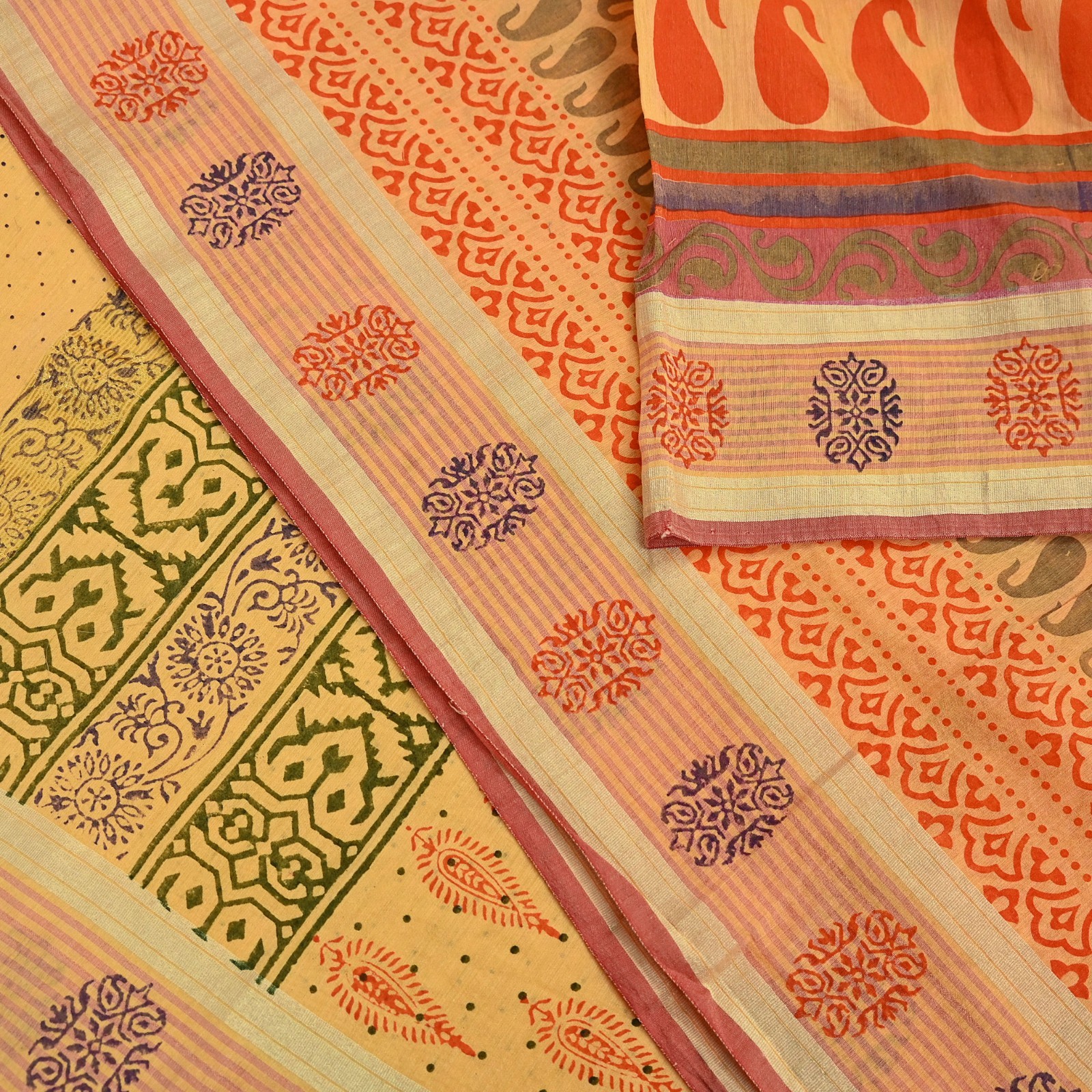 Indian Vintage Yellow Block Printed Pure Chanderi Silk Saree Floral Zari Fabric