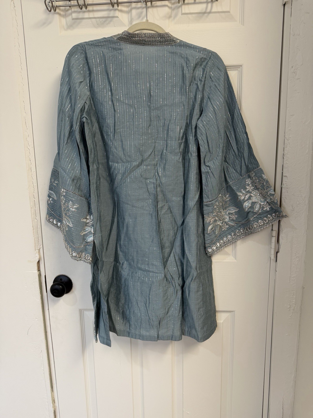 Maria B Size Medium Light Blue and Silver Embroidered 3 Piece Kameez Shalwar