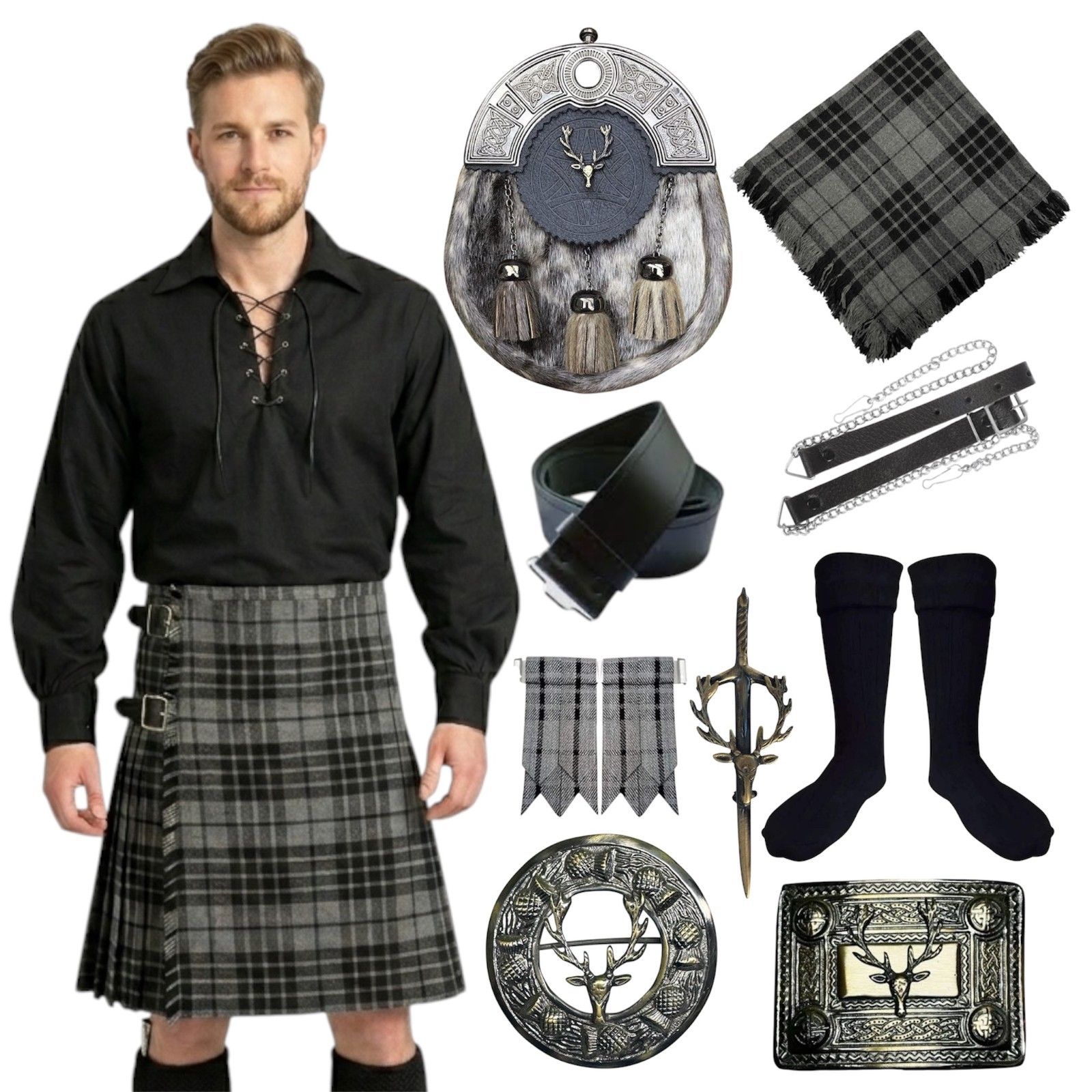 Men’s Stag Head 10 Pcs Kilt Outfit Traditional Highland Dress Set in 50+ Tartans