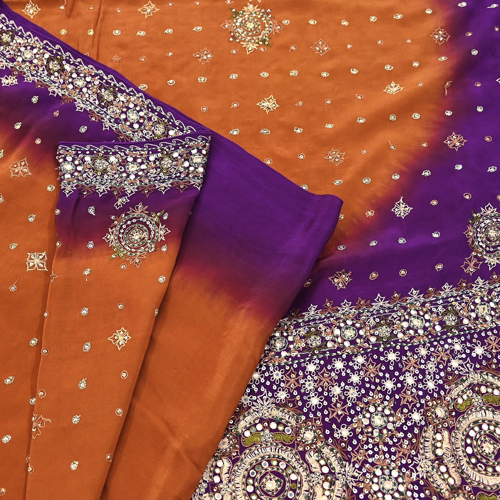 Indian Vintage Sari Purple & Mustard Pure Crepe Silk Hand Embroidered Sarees 6yd