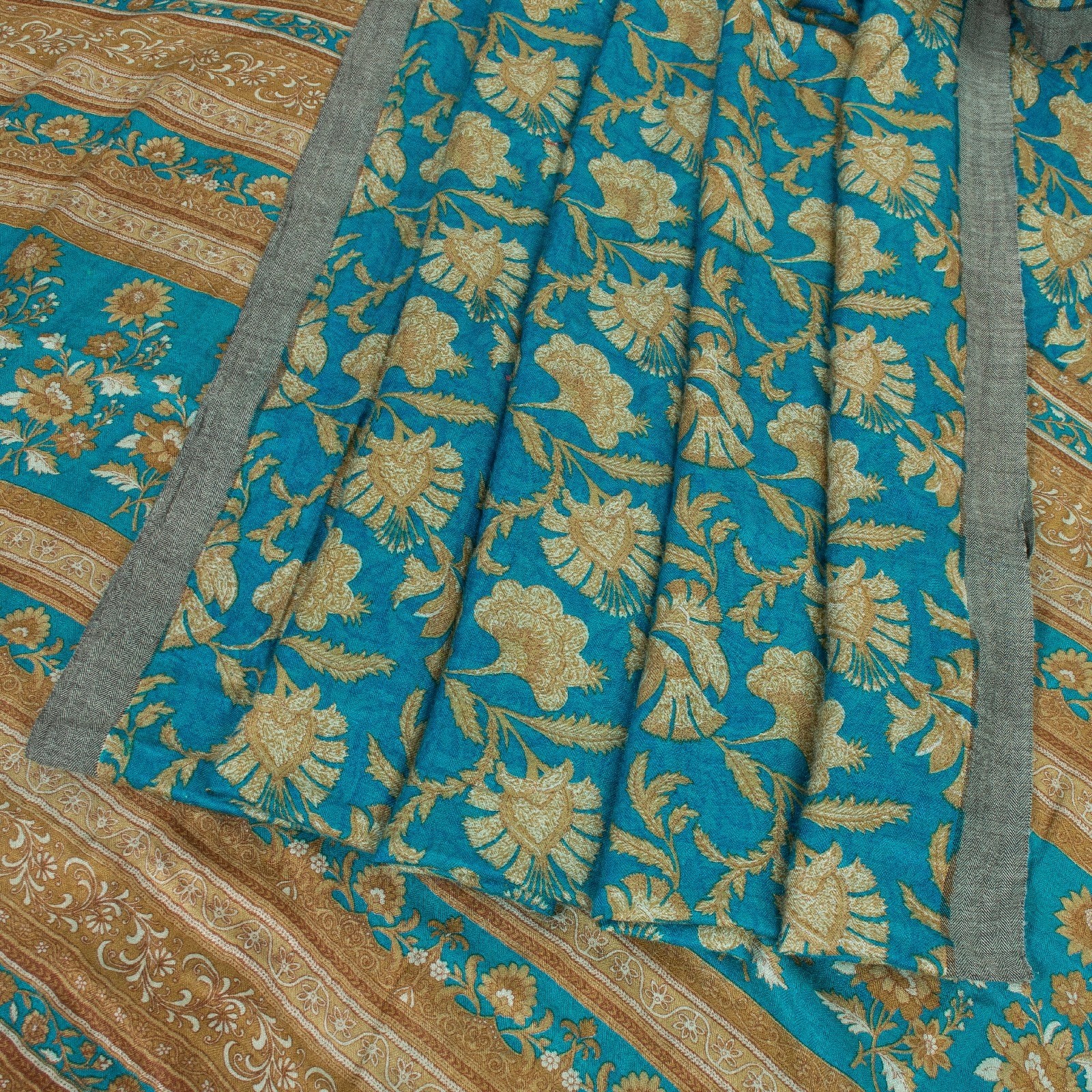 Sanskriti Vintage Sarees Blue Pure Woolen Floral Print Indian Textile Fabricsari