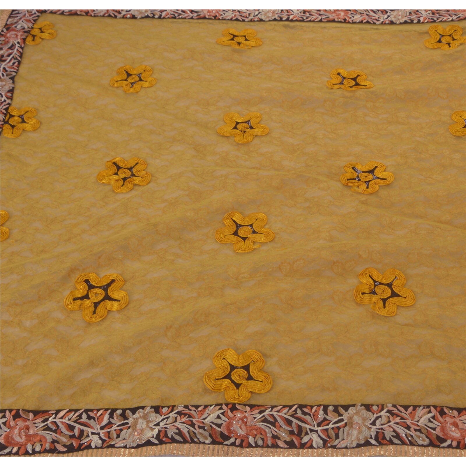 Sanskriti Vintage Yellow Sarees Net Mesh Hand Beaded Craft Fabric Premium Sari