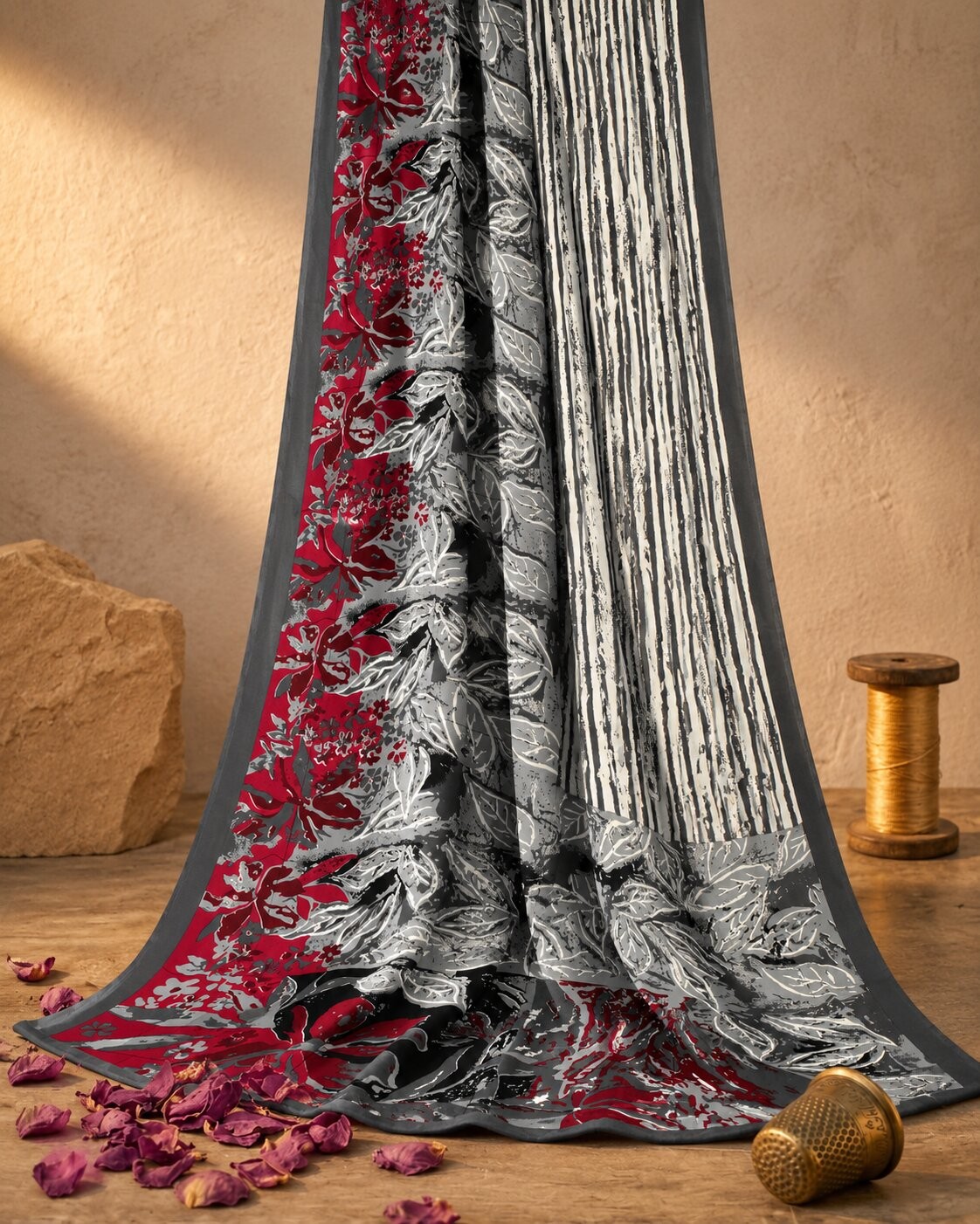 Sanskriti Vintage Gray Moss Crepe Saree Abstract Printed Fabric 5 Yard Craftsari