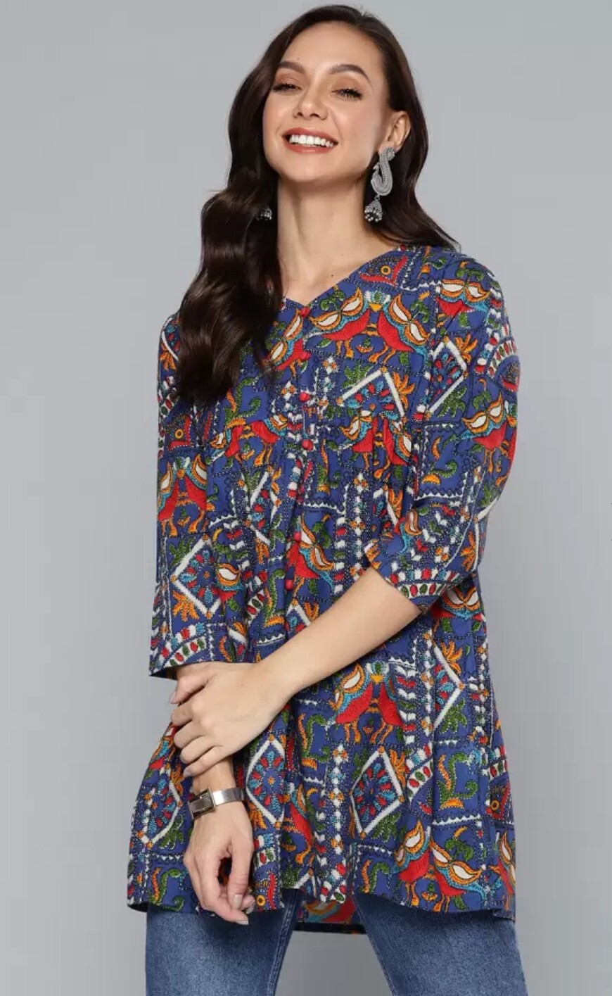 Tunic Wear; Women Blue & Orange Rayon Printed A-line Tunic Kurti