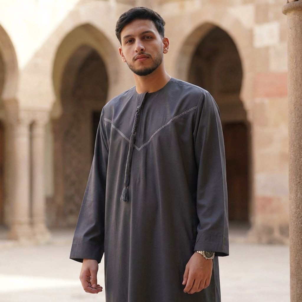 Men Grey Thobe Emirati Omani Jubba Islamic Clothing Embroidery Muslim Eid Tassel