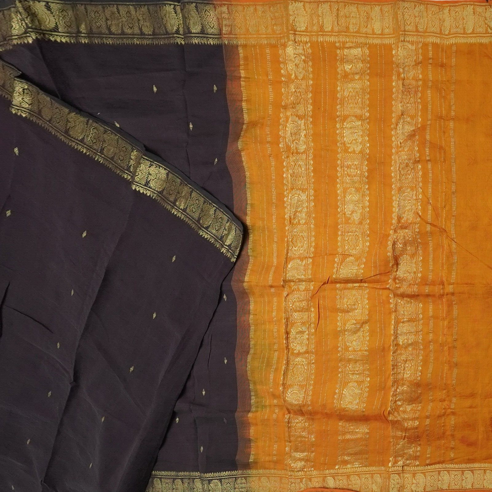 Vintage Dark Gray Sarees Silk Cotton Handwoven Peacock Zari Border Sari Fabric