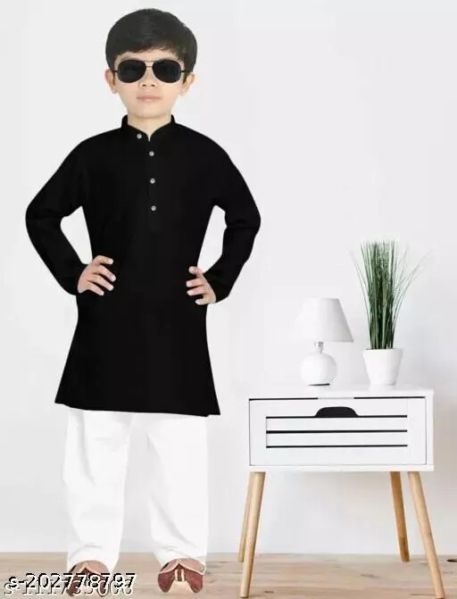 Indian Boys Festive & Casual Full Cotton Black & White Kurta Pyjama Set For Boys