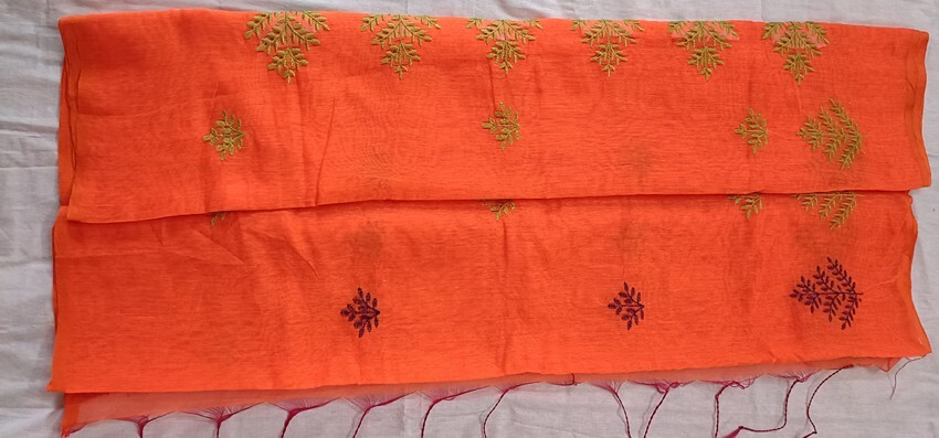 Beautiful Cotton Blend Orange Color Yellow & Blue Green Flower Embroidery Saree