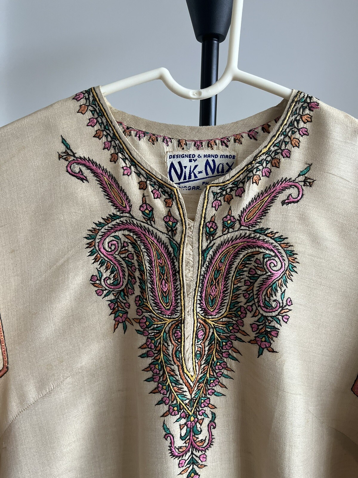 Designer Blouse Kurta Top 100% Natural Beige 100% Silk w Kashmir Hand Embroidery
