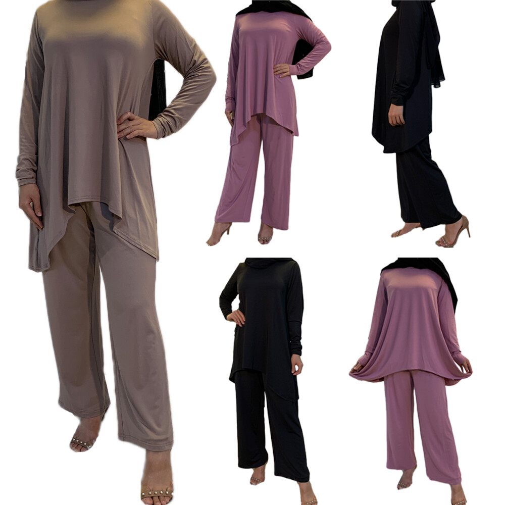 Dubai Muslim Women Long Sleeve Blouse Pants Outfits Two Piece Set Abaya Kaftan