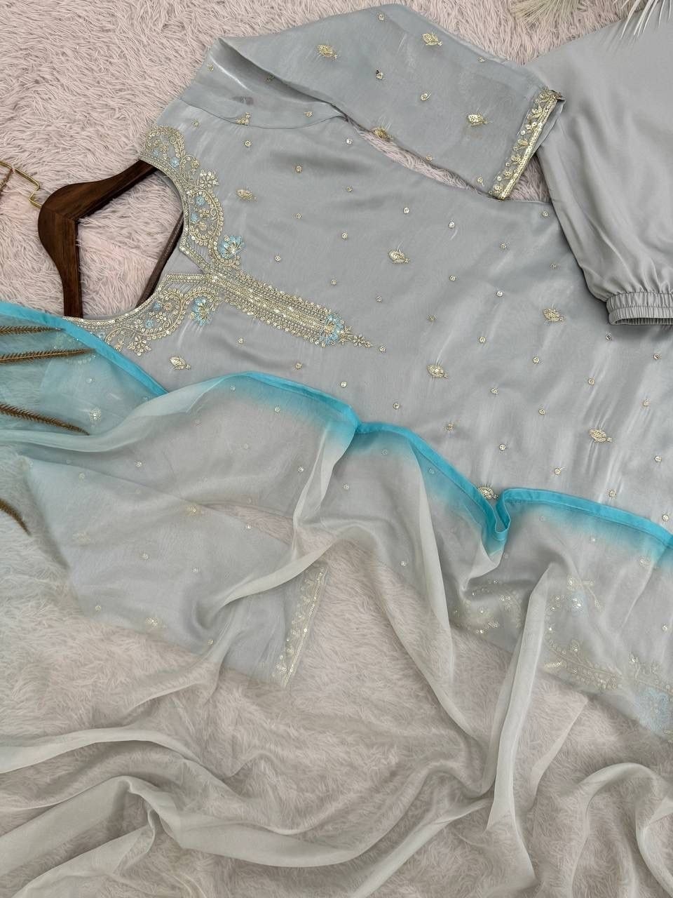 Silver Grey Salwar Suit Set with Sky Blue Dupatta Embroidered Ethnic Wear