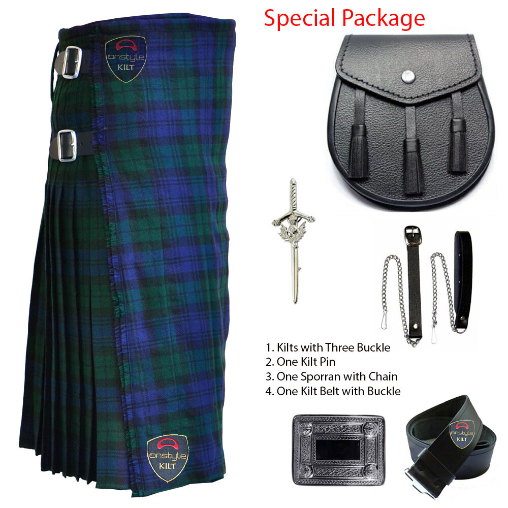 Mens Scottish Kilt 5 Pcs Set Tartans Belt Buckle Kilt Pin Sporran Black Watch