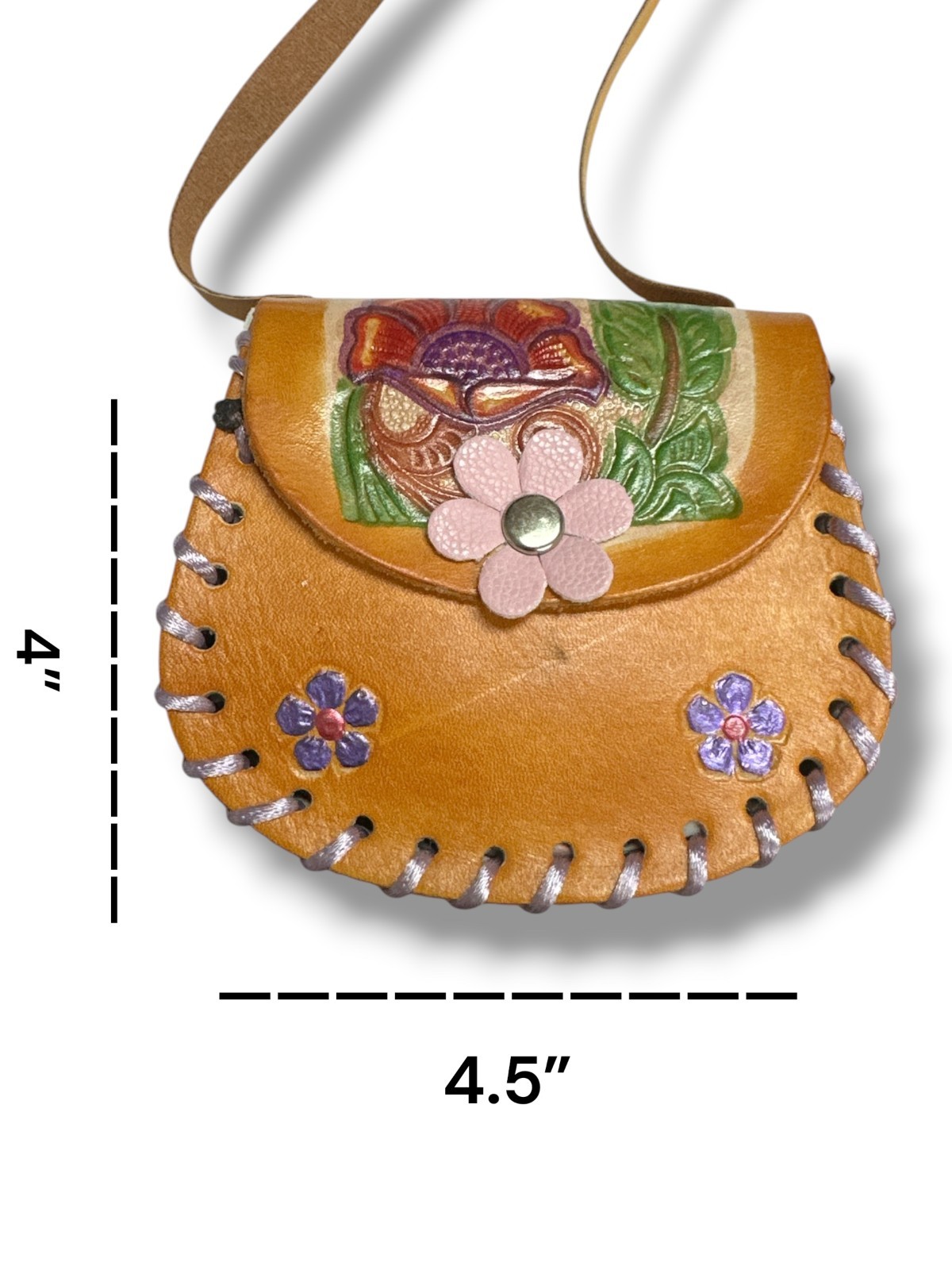 HAND TOOLED LEATHER MINI FLOWER BAG , CROSSBODY, 4″ X 4.5″ , NEW , 01