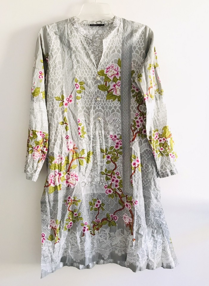 Alkaram Studio Kurti Womens Long Sleeve Kurta Tunic Top Size Large Gray