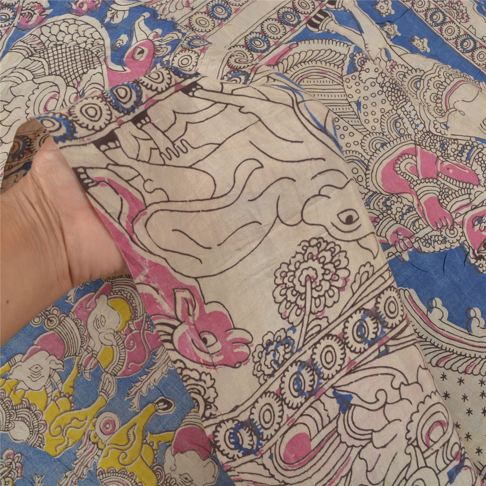 Sanskriti Vintage Blue Sarees Blend Silk Kalamkari Mythological Sari Fabric