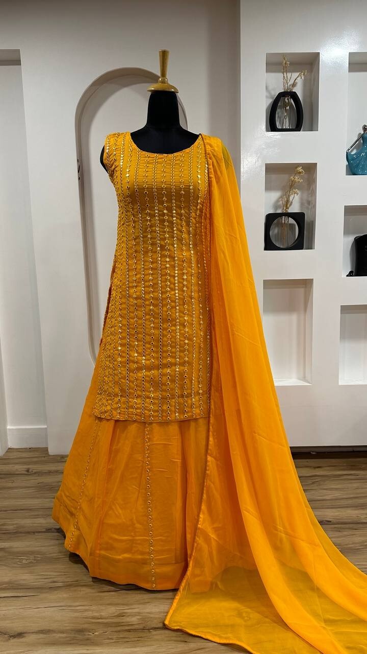 Wedding Wear Haldi Look Faux Georgette Top Lehenga With Dupatta For Women