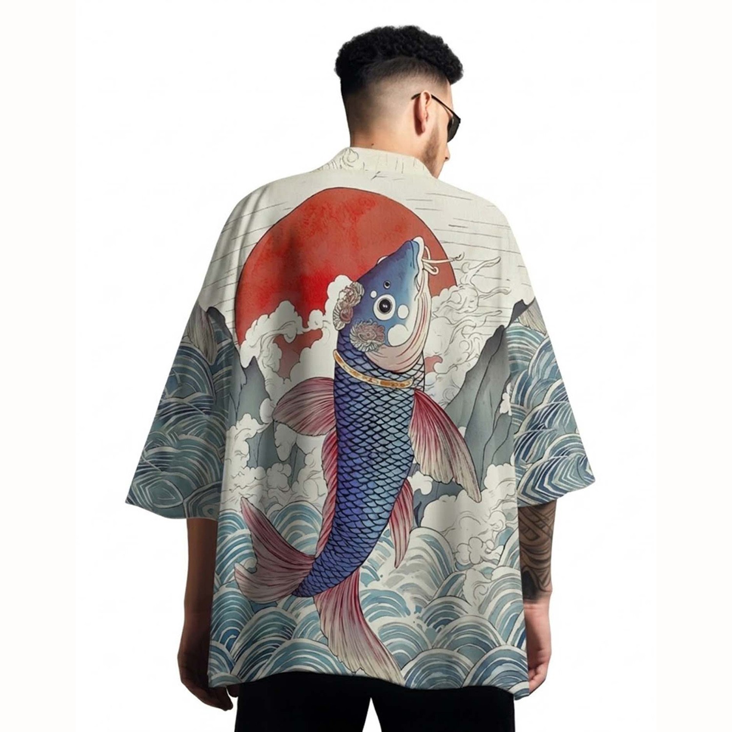 Niepce Men’s Japanese Graphic Lightweight Aqua Nature Kimono Cardigan Shirt Top