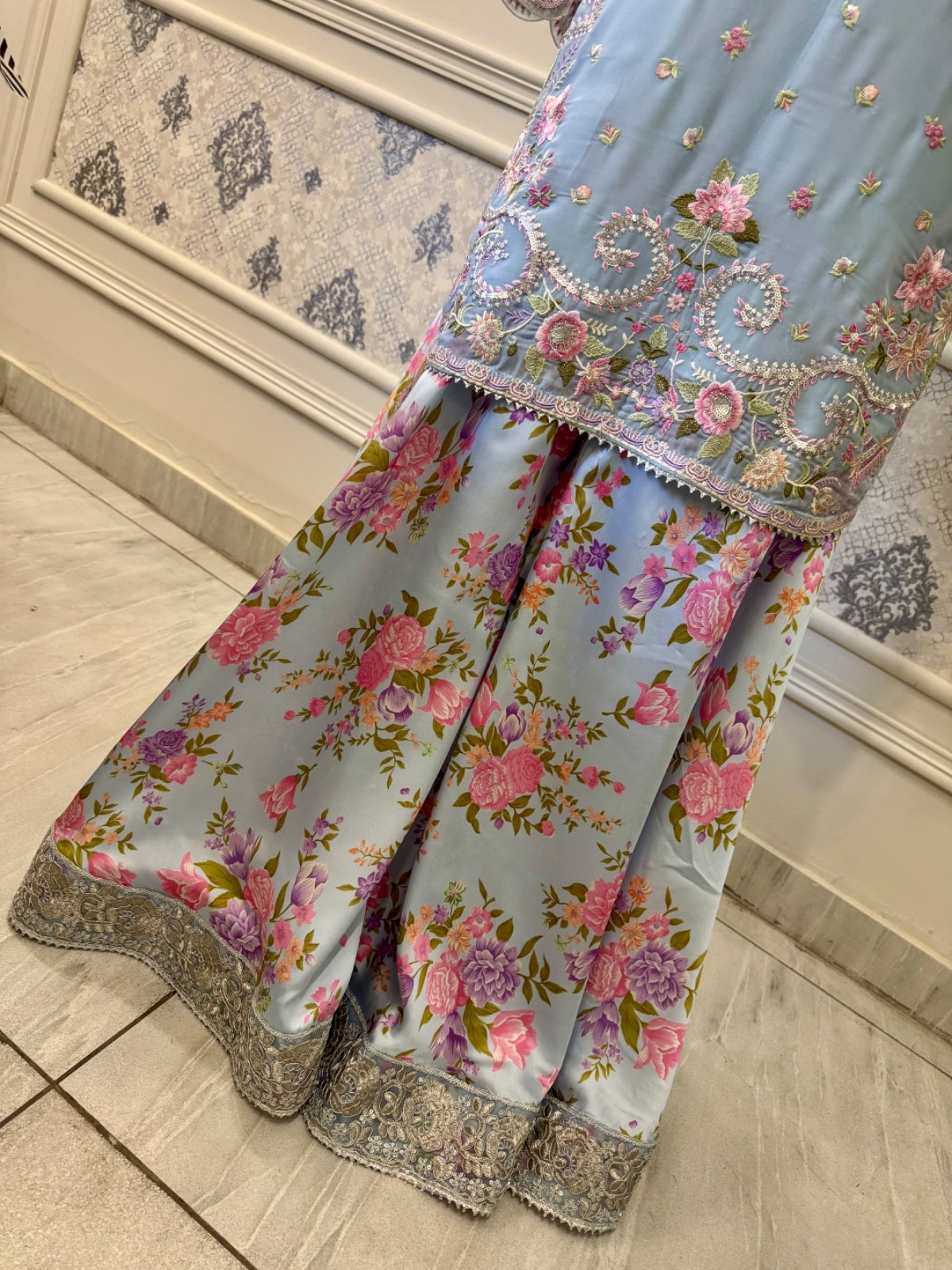 Pakistani Light Blue chiffon & Silk fancy Embroidered Sharara Dress,XL