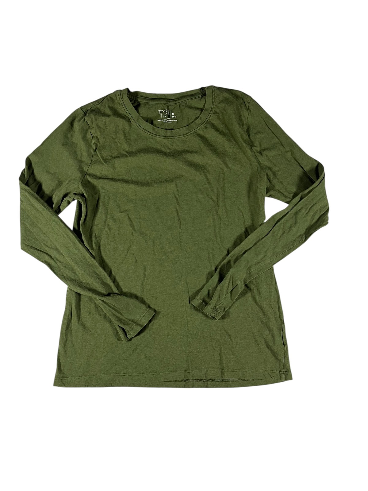 Time and Tru Women’s Green Long Sleeve Crew Neck T-Shirt Size S 100% Cotton