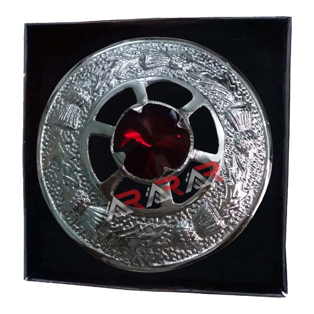 Ladies Brooch Kilt Fly Plaid Shawl Red Stone AAR Scottish Chrome Diameter 2″ New