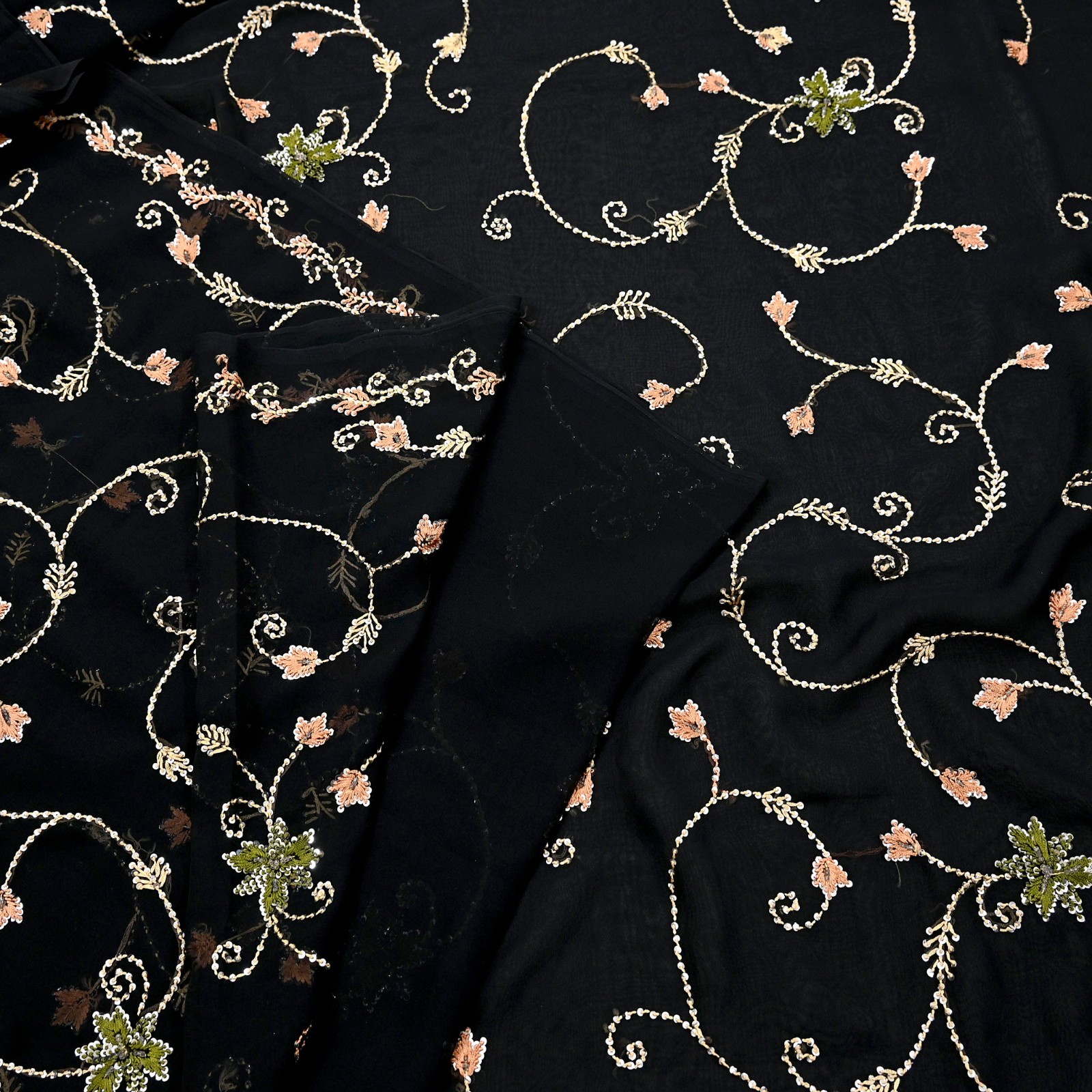 Indian Vintage Heavy Sari Black Pure Georgette Silk Hand Beaded Sarees Ethnic