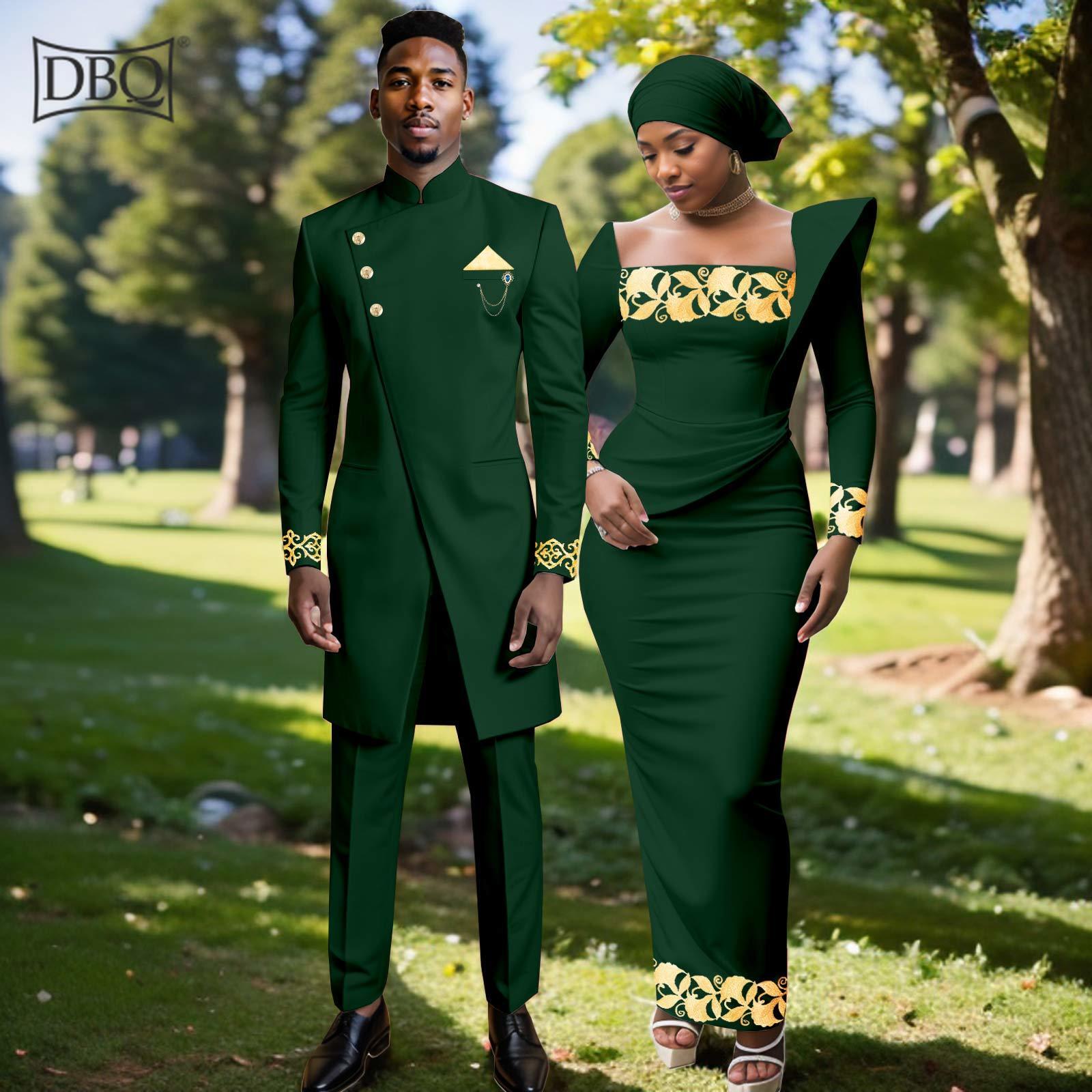 African Clothes for Couple Men`s Blazer Suit and Women`s Maxi Dress + Headscarf
