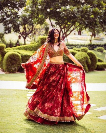 New Red Khadi Organza Lehenga And Mulberry Silk Blouse With Dupatta For Wedding