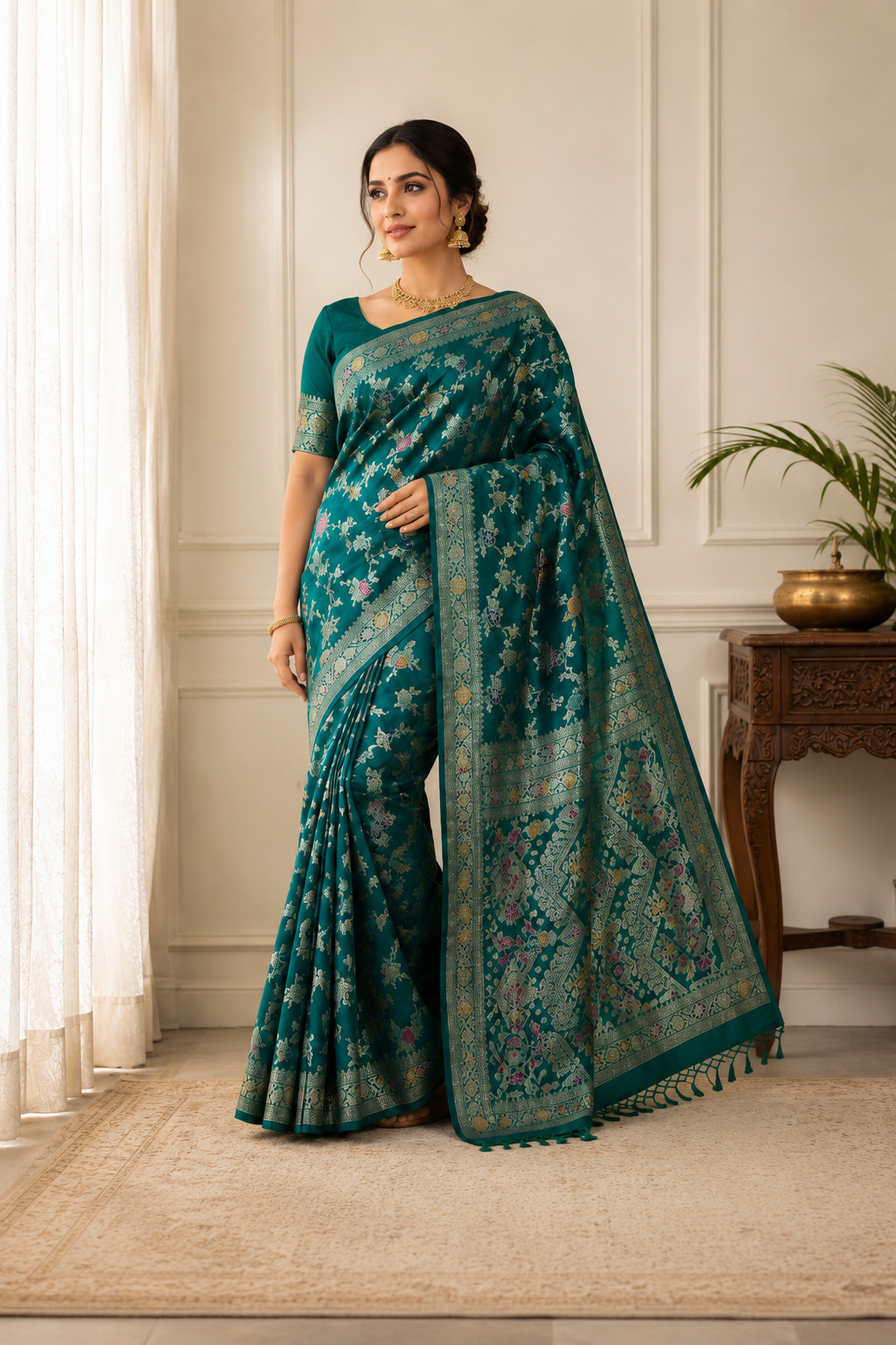Luxury Teal Georgette Silk Saree with Intricate Floral Zari Weaving