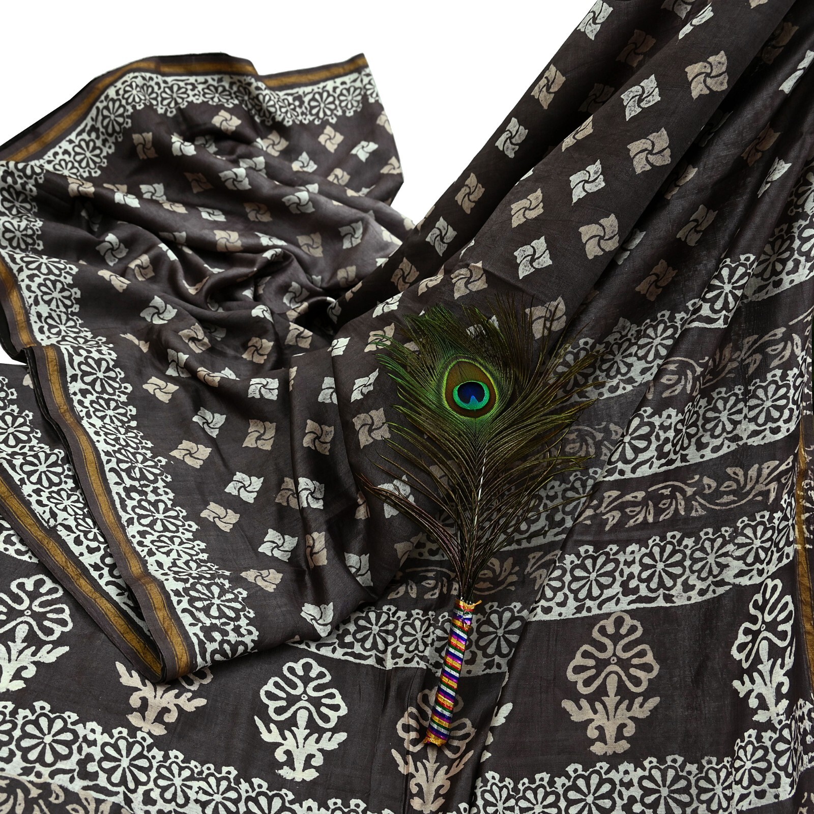 Indian Vintage Sari Brown & Ivory Pure chanderi Silk Block Printed Sarees Fabric