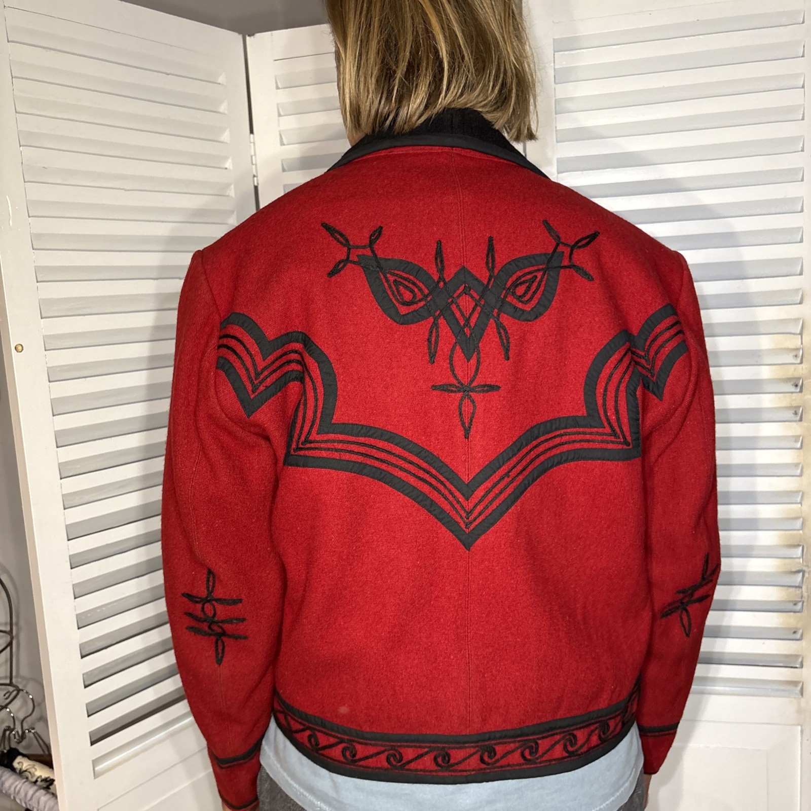 Vintage Guatemalan Red Solola Jacket Hand Woven Embroidered Wool Folk Art L
