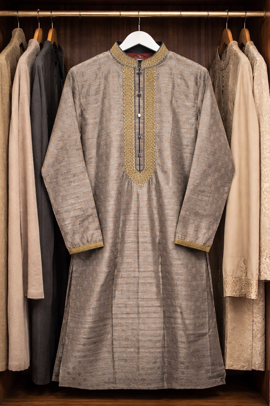 Sultan Men’s Gray Kurta Gold Embroidery 21″ Chest 42″ Length Kurtas/Kurti