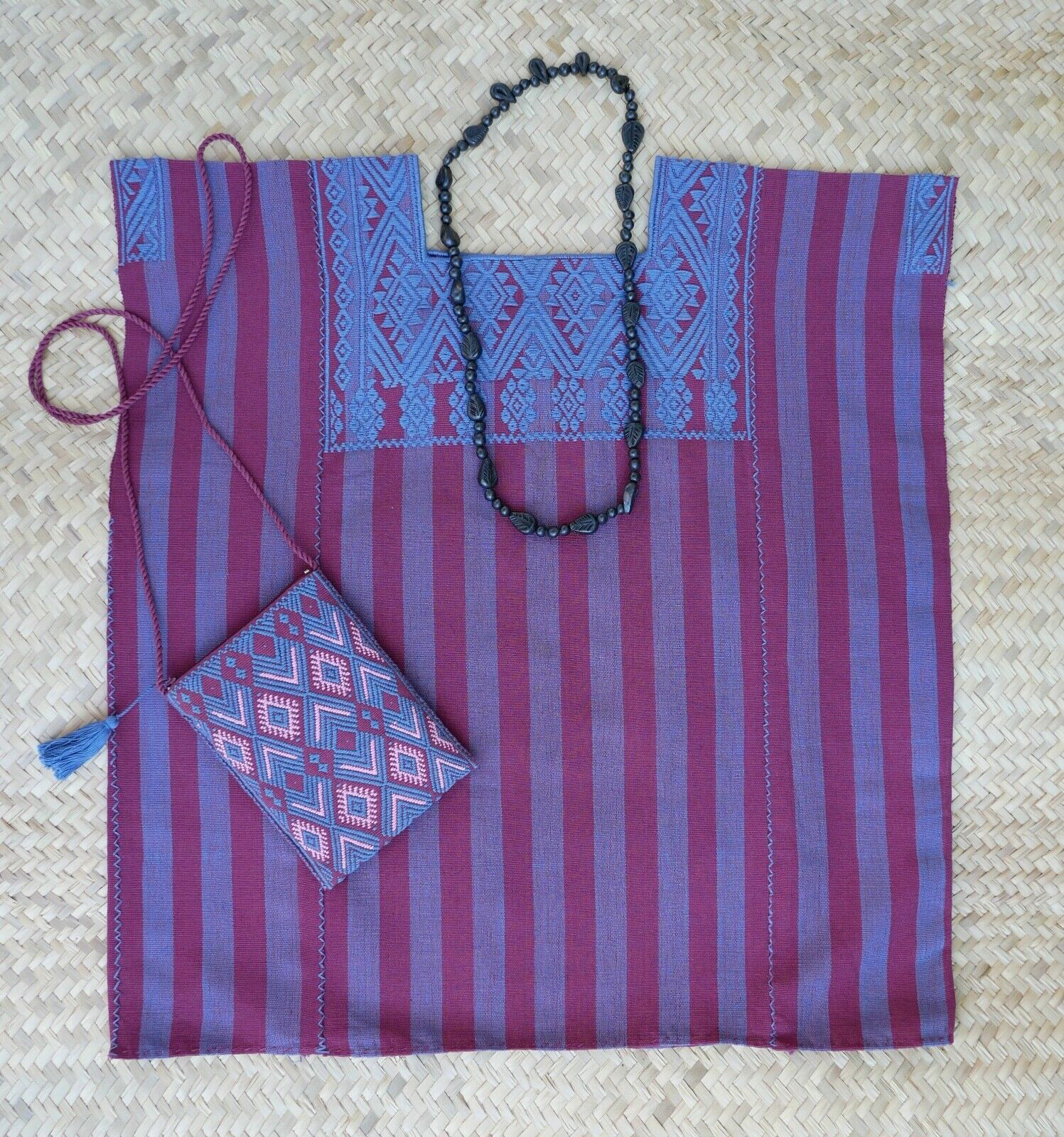 Huipil Top Mayan Blue & Plum Stripe Handwoven Backstrap Loom Chiapas Mexico