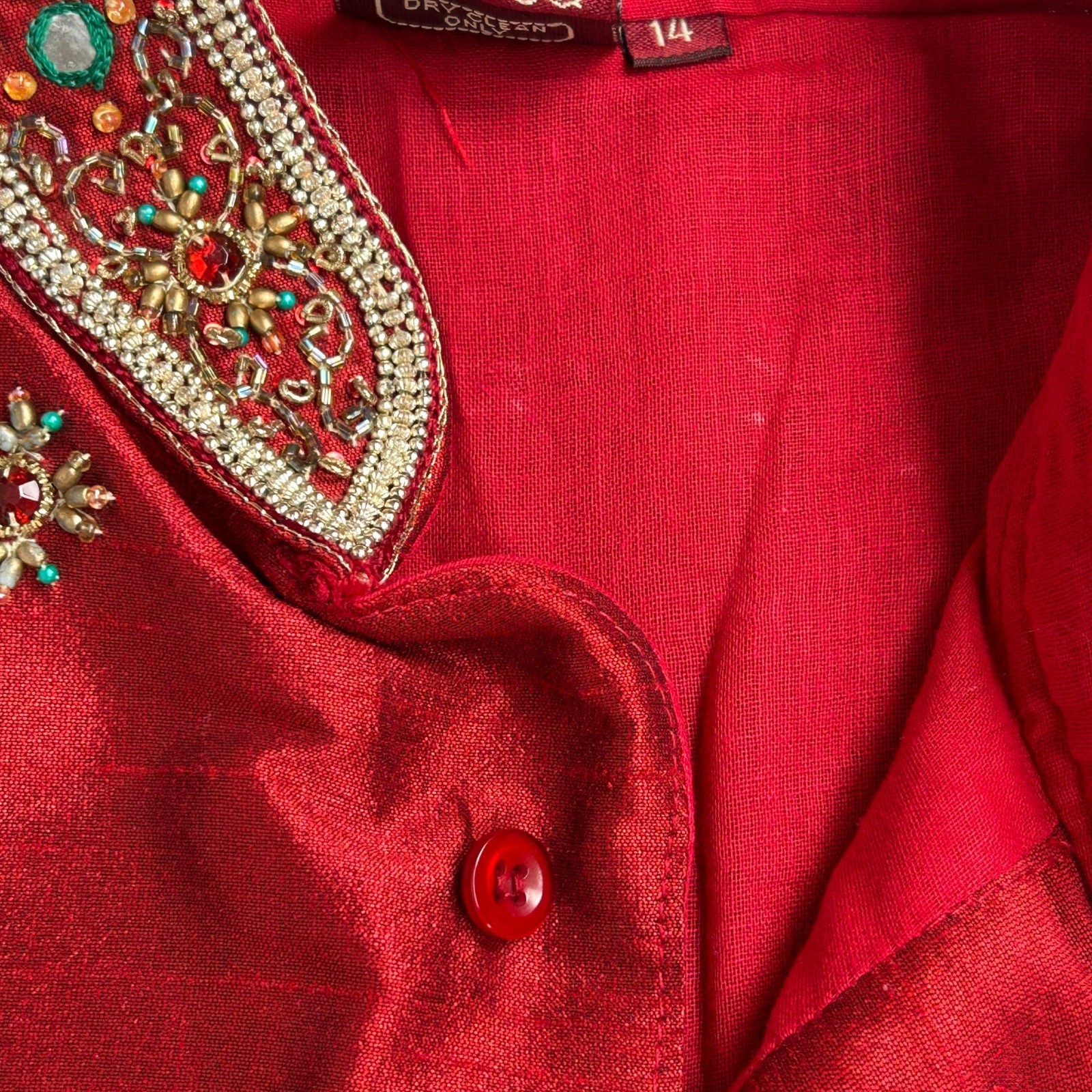 Vintage Satellite Mens Red Embellished Long Kurta Size 14 Long Sleeve Pockets