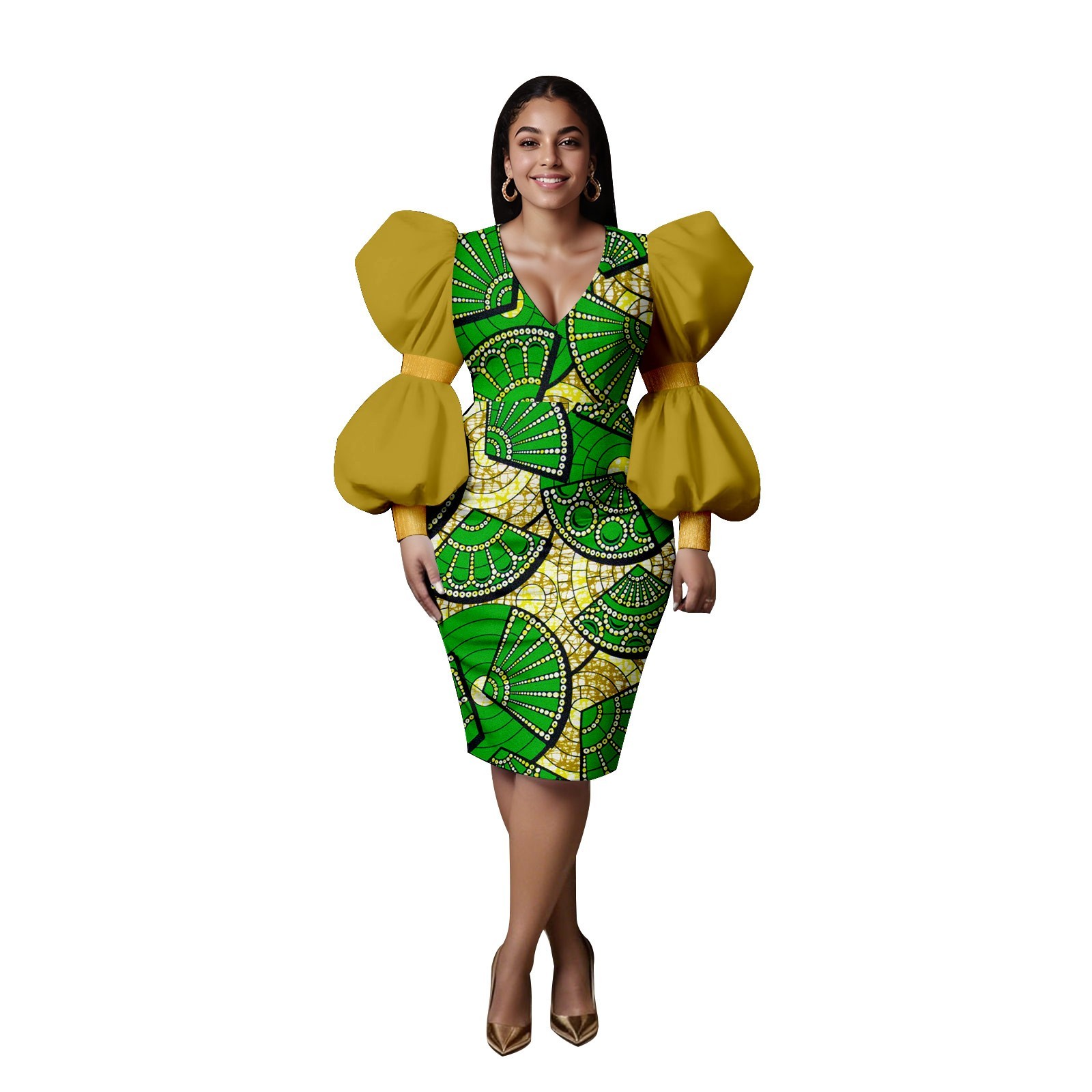African Women’s Ankara Printed V-Neck Puff Sleeve Knee-Length Dress Patchwork