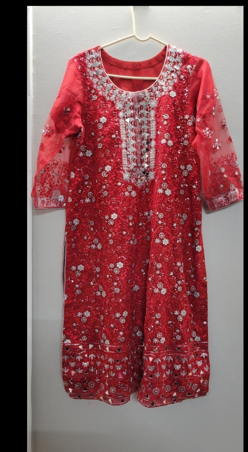 Women’s Red Embroidered Net Salwar Kameez Suit Set with Dupatta In Large Size