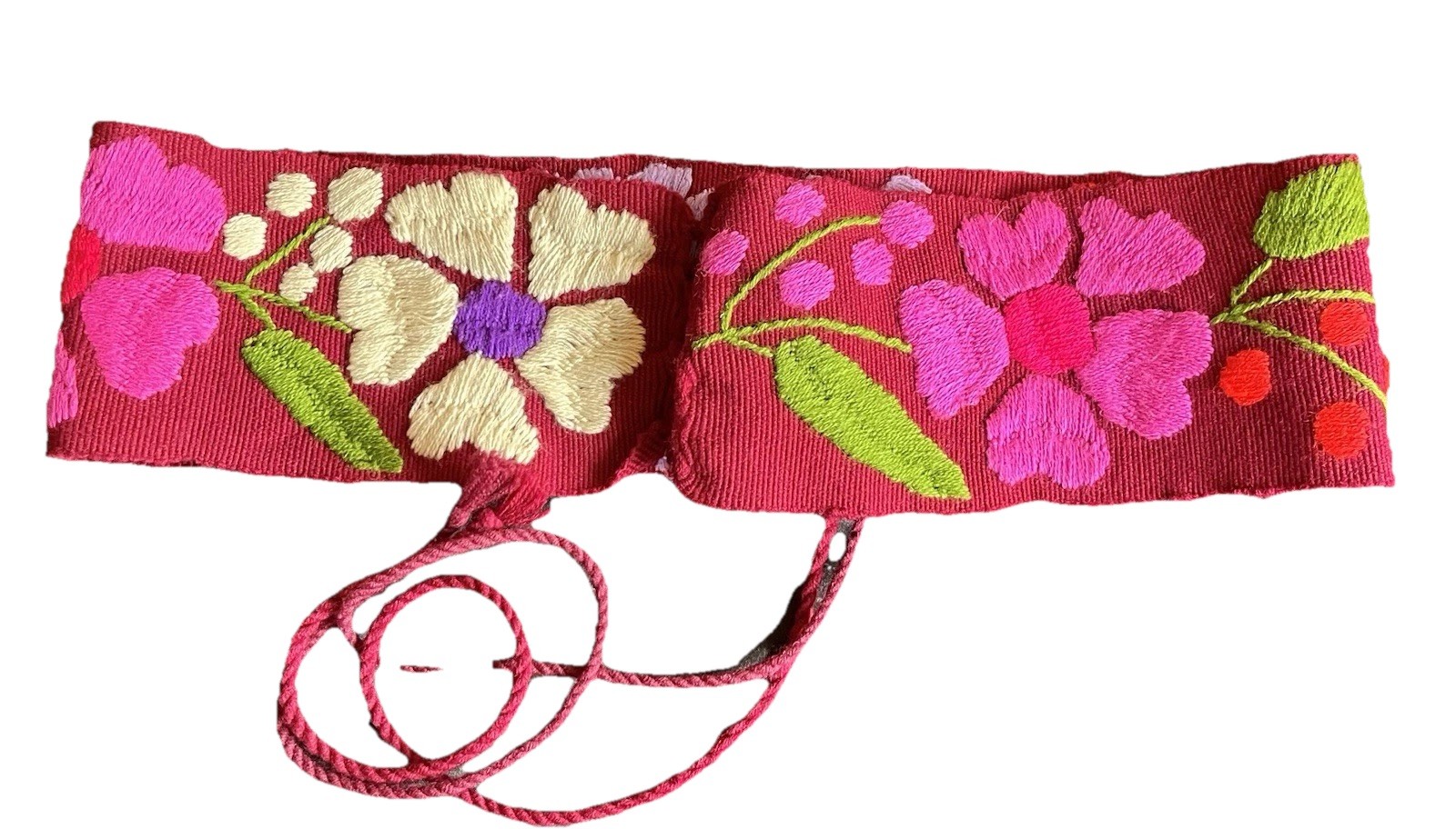 Tie Belt Embroidered Burgundy With Multicolor Flowers 35” Long 4” Wide 22” Ties